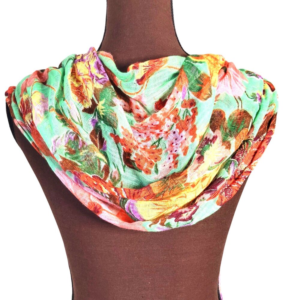 Floral Rectangle Scarf Multicolor Flowers Fringe Viscose Size 70x25 Wrap